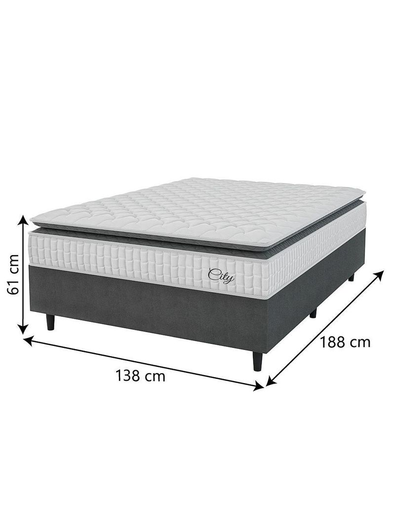 Cama Box Colchão Casal Molas Ensacadas City Pillow Top 138x188x61cm Branco-Preto Hellen Suporta até 110kg por Pessoa