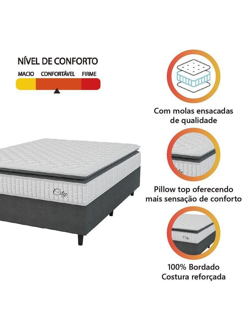 Cama Box Colchão Casal Molas Ensacadas City Pillow Top 138x188x61cm Branco-Preto Hellen Suporta até 110kg por Pessoa