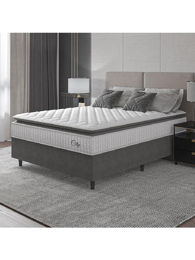 Cama Box Colchão Casal Molas Ensacadas City Pillow Top 138x188x61cm Branco-Preto Hellen Suporta até 110kg por Pessoa