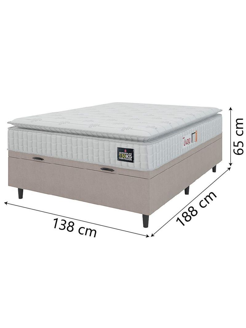 Cama Box Baú Casal Colchão Espuma D45 Lazio Pillow Top 138x188x65cm Suede Branco Bege Hellen