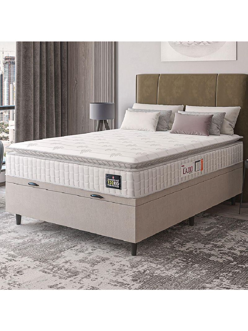 Cama Box Baú Casal Colchão Espuma D45 Lazio Pillow Top 138x188x65cm Suede Branco Bege Hellen