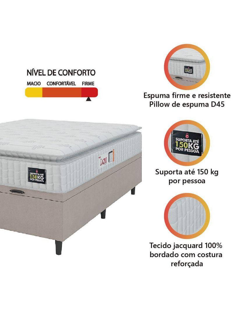 Cama Box Baú Casal Colchão Espuma D45 Lazio Pillow Top 138x188x65cm Suede Branco Bege Hellen