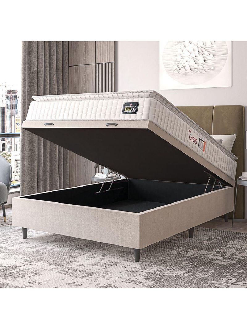 Cama Box Baú Casal Colchão Espuma D45 Lazio Pillow Top 138x188x65cm Suede Branco Bege Hellen