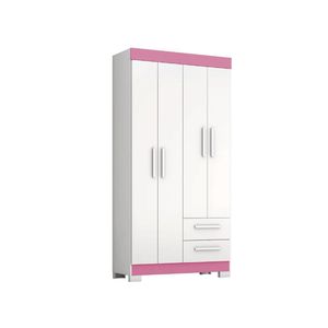 Guarda Roupas Solteiro Juvenil 4 Portas 2 Gavetas Malta Branco / Rosa Notável