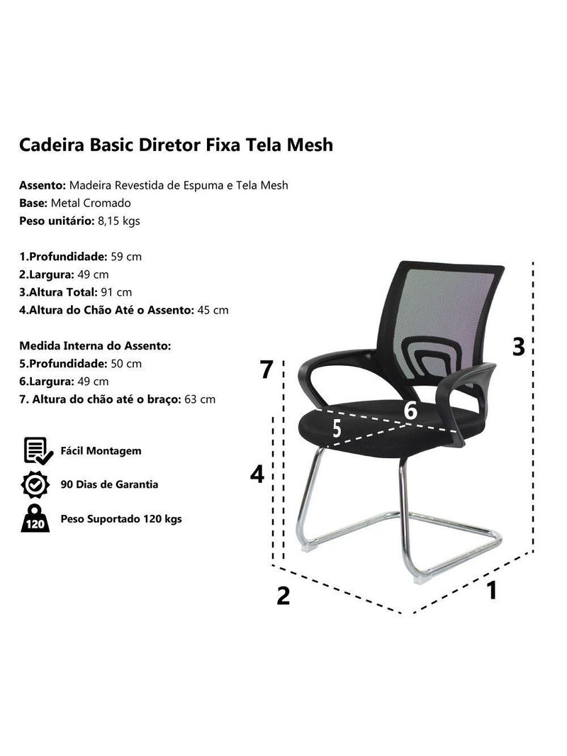 Kit 2 Cadeiras Escritório Basic Diretor Fixa Tela Mesh Preta Base Cromada