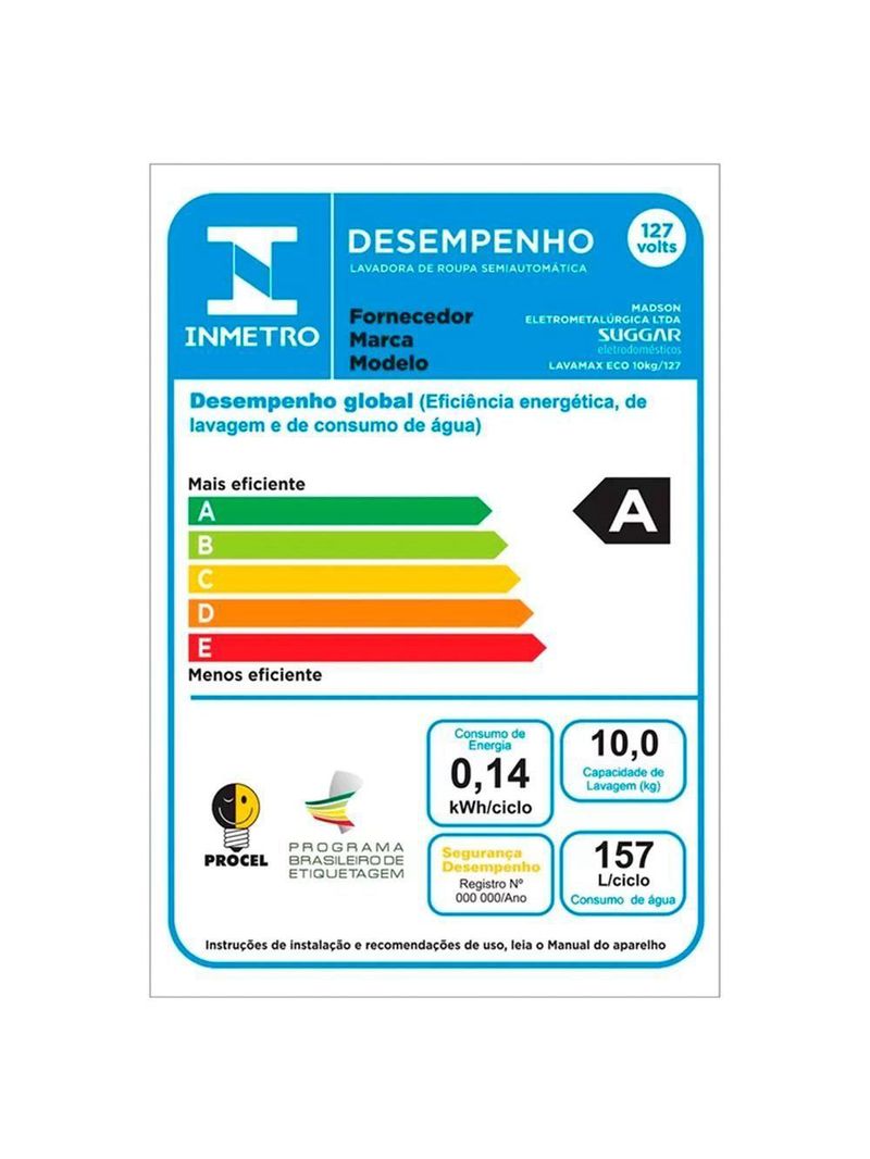 Tanquinho Suggar Lavamax Eco Semiautomático 10kg 127V Branco