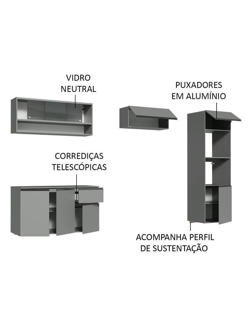 Armário de Cozinha Completa Suspenso 260cm Nice Madesa 10 Cinza
