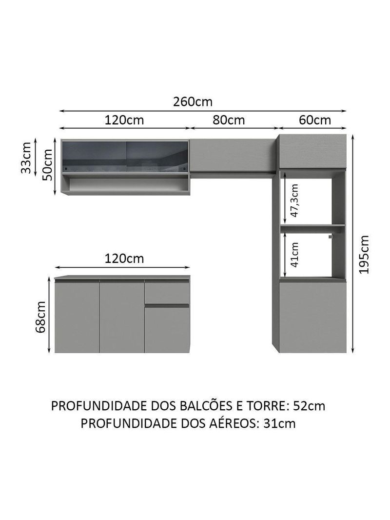 Armário de Cozinha Completa Suspenso 260cm Nice Madesa 10 Cinza