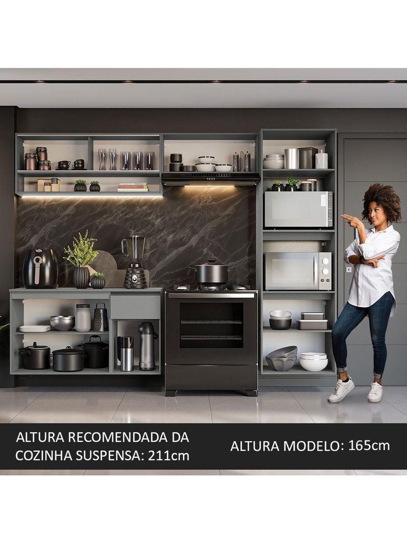 Armário de Cozinha Completa Suspenso 260cm Nice Madesa 10 Cinza