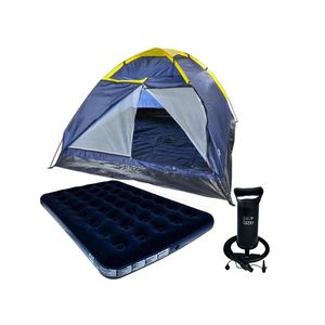Kit Barraca para Camping Até 4 Pessoas + Colchão Inflável Casal + Bomba
