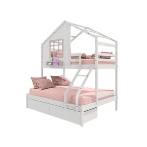 Beliche Casinha Com Janela Casal/Solteiro Com 02 Gavetas Madeira Maciça Branco/ Rosa Housin