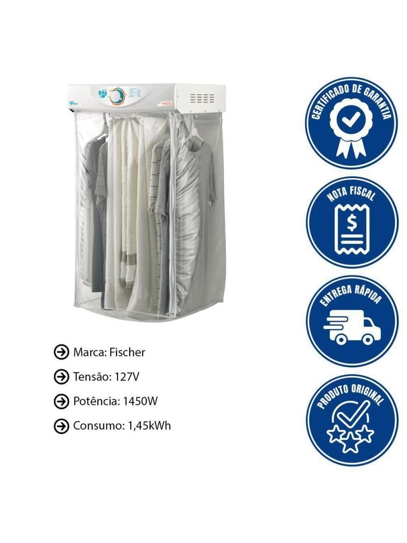 Secadora De Parede Fischer Super Ciclo 8 Kg Com Timer Contínuo Branco 127V