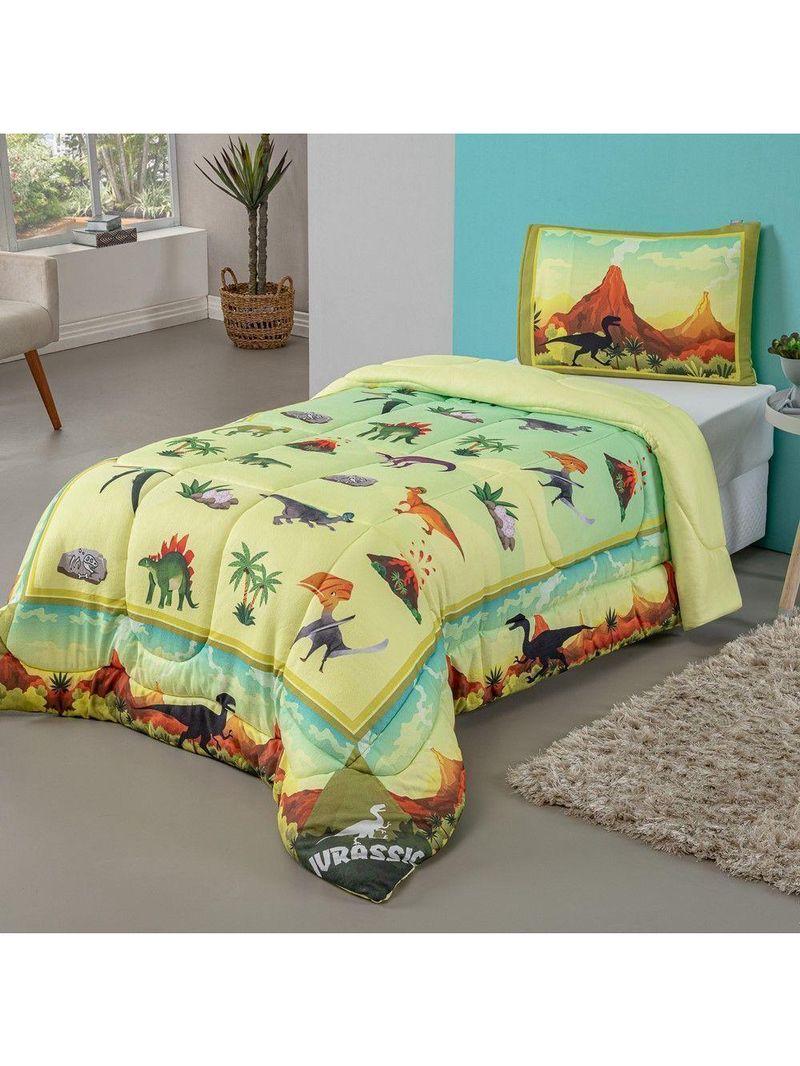 Kit Edredom Plush Fofinho Infantil Dupla Face Dream 2 Peças Solteiro - Dinossauro