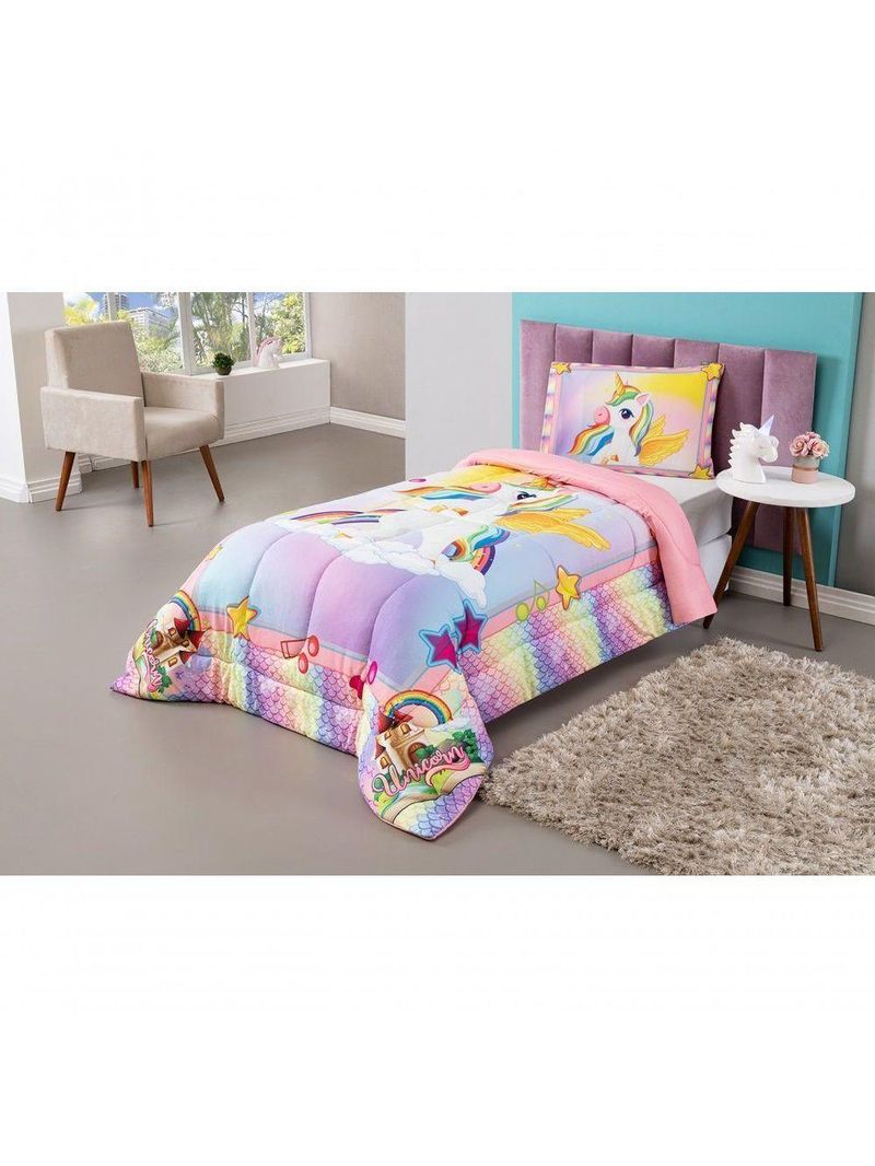 Kit Edredom Plush Fofinho Infantil Dupla Face Dream 2 Peças Solteiro - Unicórnio