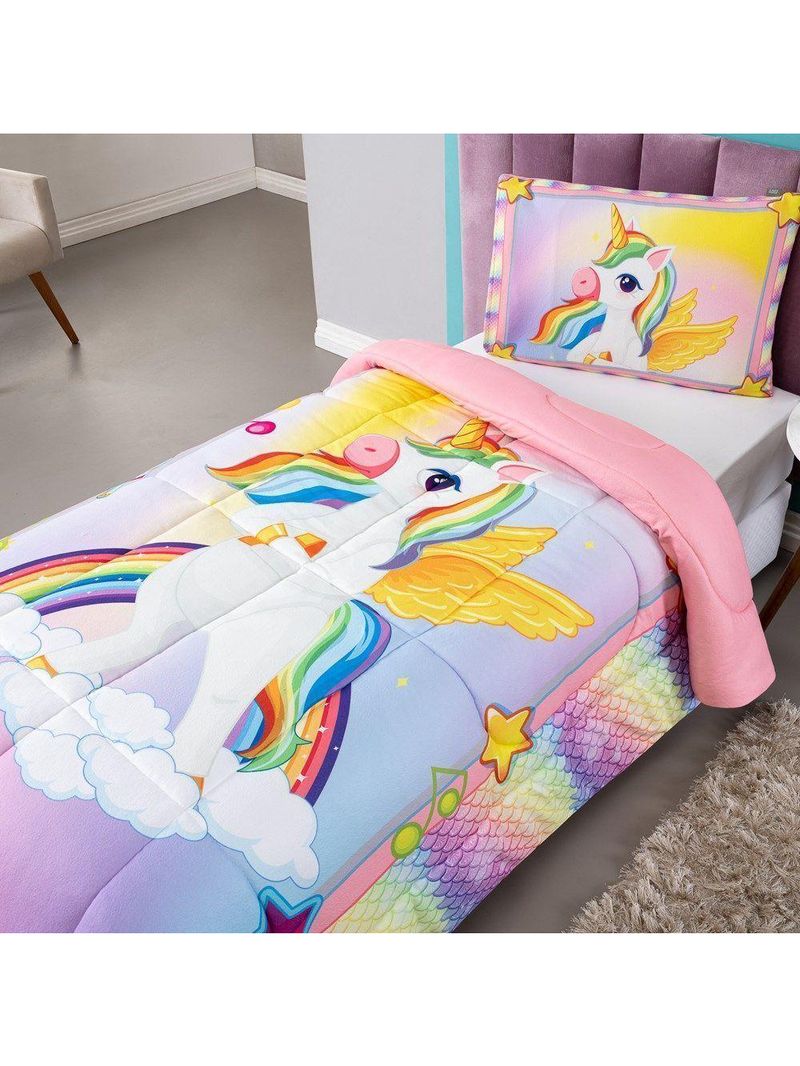 Kit Edredom Plush Fofinho Infantil Dupla Face Dream 2 Peças Solteiro - Unicórnio