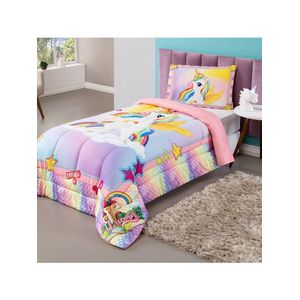 Kit Edredom Plush Fofinho Infantil Dupla Face Dream 2 Peças Solteiro - Unicórnio