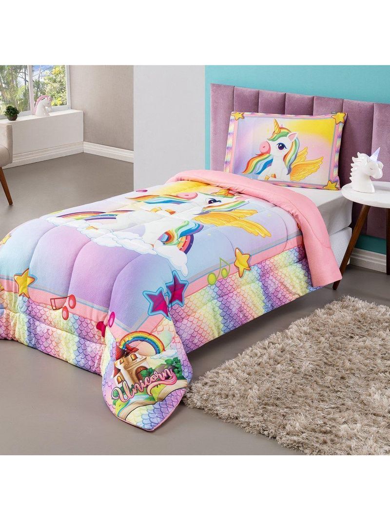 Kit Edredom Plush Fofinho Infantil Dupla Face Dream 2 Peças Solteiro - Unicórnio
