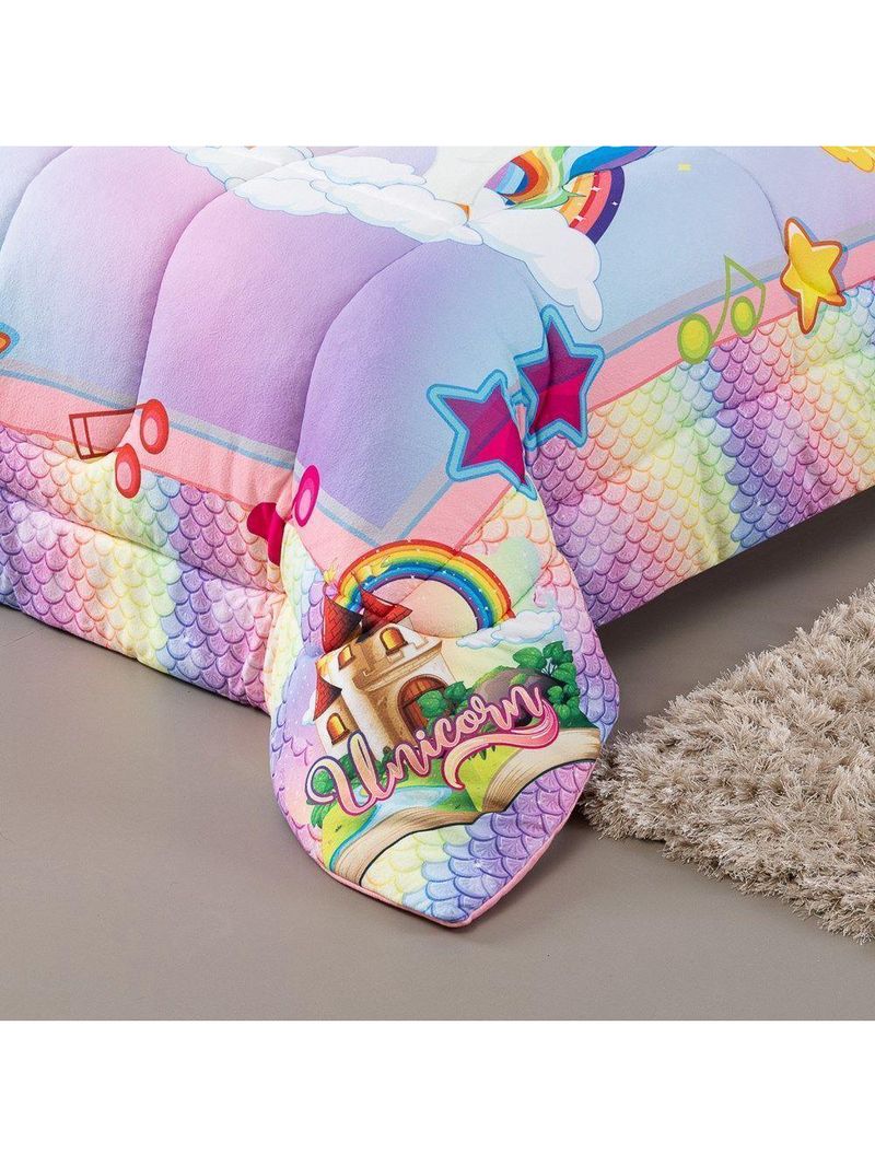 Kit Edredom Plush Fofinho Infantil Dupla Face Dream 2 Peças Solteiro - Unicórnio