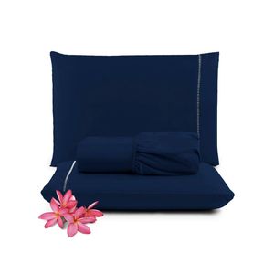 Jogo Cama Lençol Unique King 400 Fios Ponto Palito 3 Peças - Azul Marinho