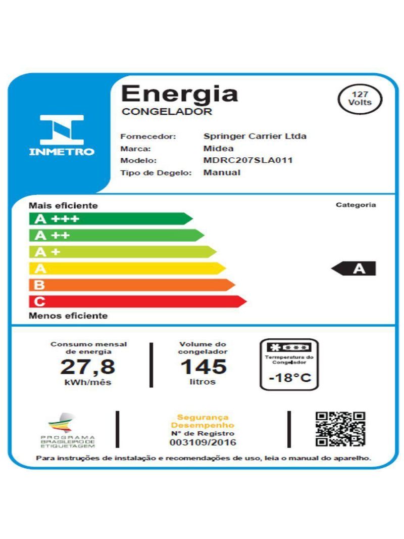 Freezer Horizontal Midea 3 Em 1 Branco 145L 110V MDRC207SLA011