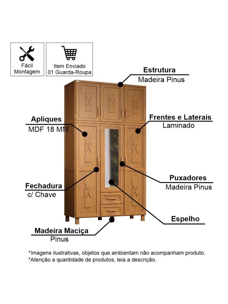 Guarda-roupa Solteiro 6 Portas E 2 Gavetas Dallas Carvalho