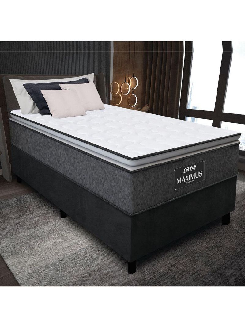 Cama Box Solteiro Colchão Molas Ensacadas 88x188x67cm Cinza / Preto Suporta Até 120kg Cinza / Branco