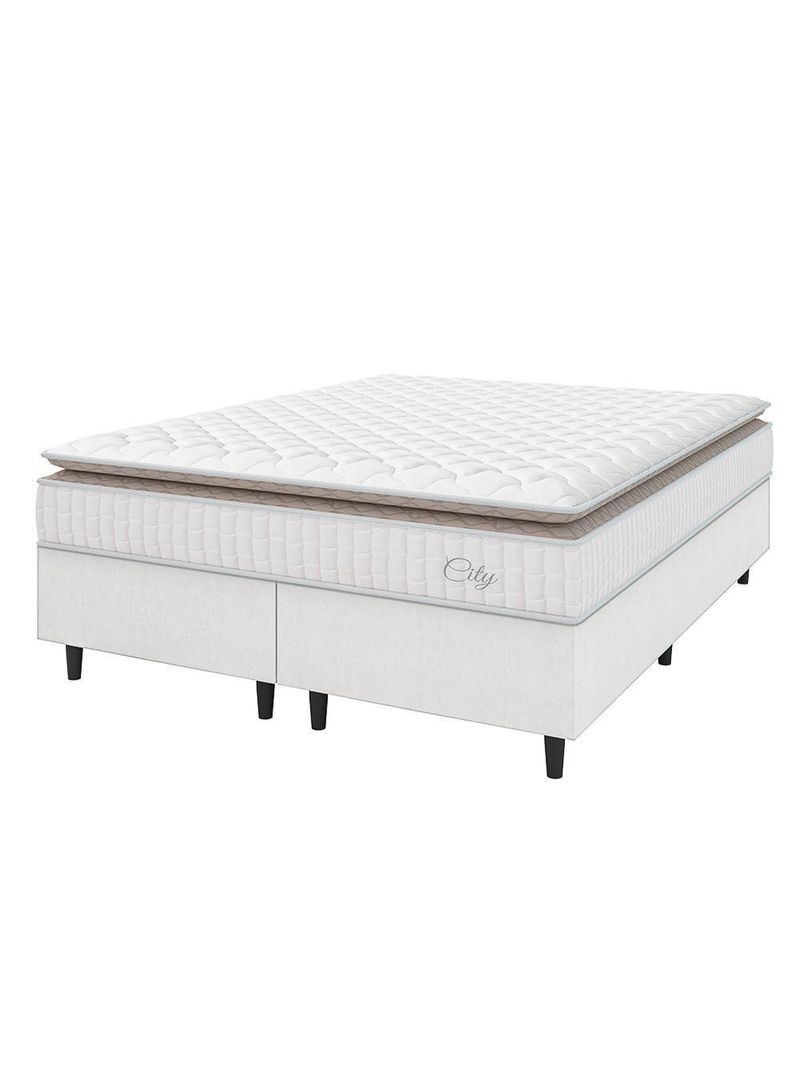 Cama Box Colchão Casal King Molas Ensacadas City Pillow Top 193x203x61cm Linho Branco Bege