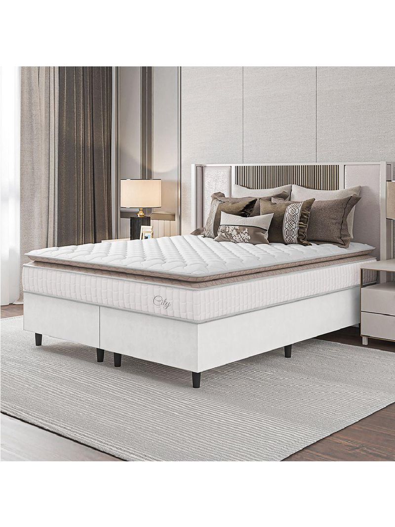 Cama Box Colchão Casal King Molas Ensacadas City Pillow Top 193x203x61cm Linho Branco Bege