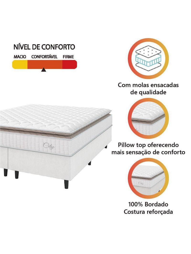 Cama Box Colchão Casal King Molas Ensacadas City Pillow Top 193x203x61cm Linho Branco Bege