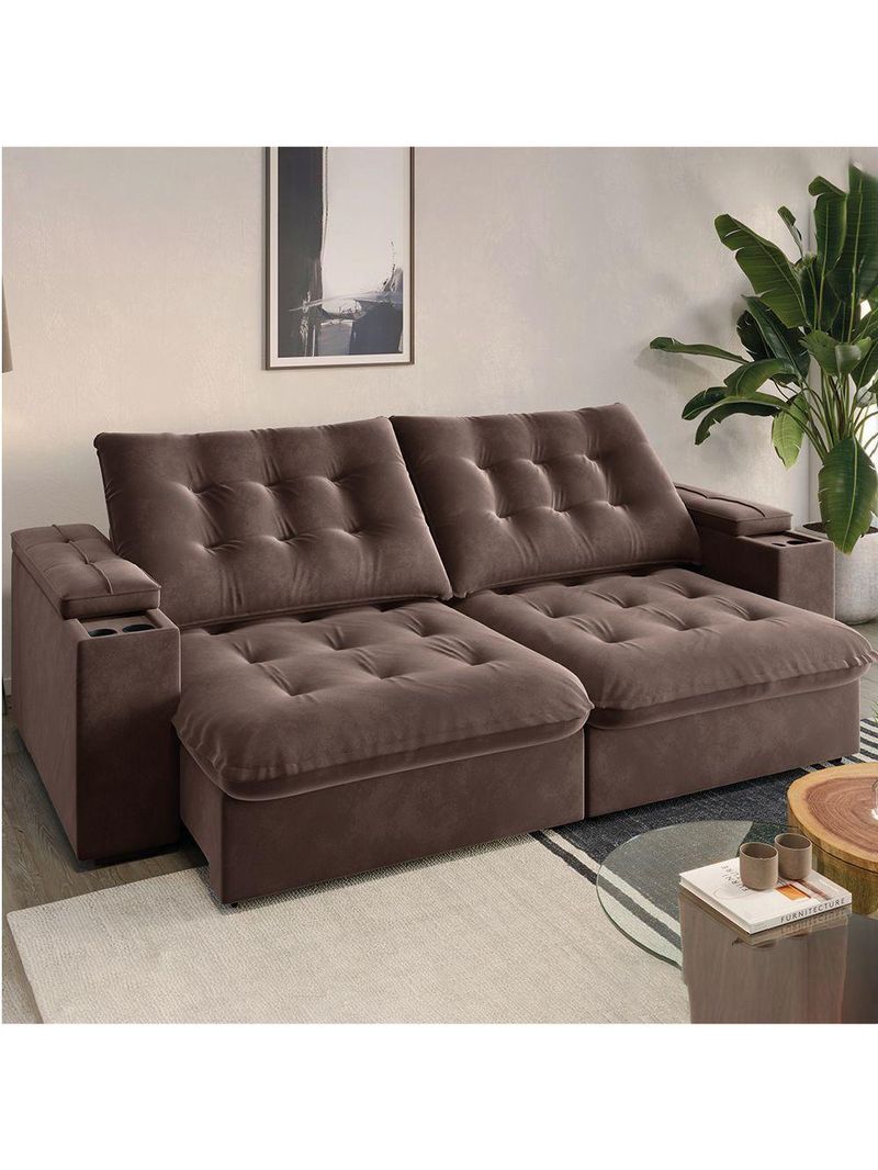 Sofá Retrátil E Reclinável 3 Lugares 2,30m Com Porta Copos Veludo New Coliseu Selmer Marrom
