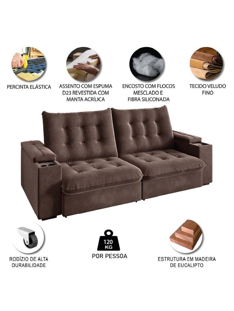 Sofá Retrátil E Reclinável 3 Lugares 2,30m Com Porta Copos Veludo New Coliseu Selmer Marrom