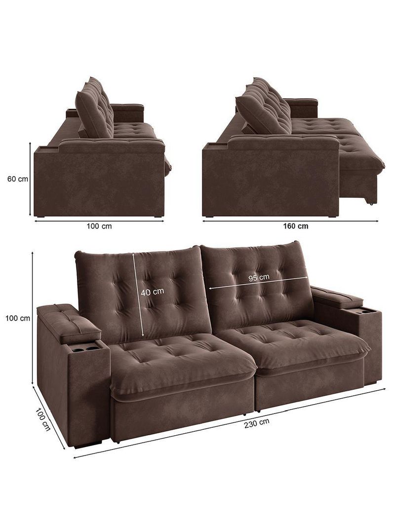 Sofá Retrátil E Reclinável 3 Lugares 2,30m Com Porta Copos Veludo New Coliseu Selmer Marrom