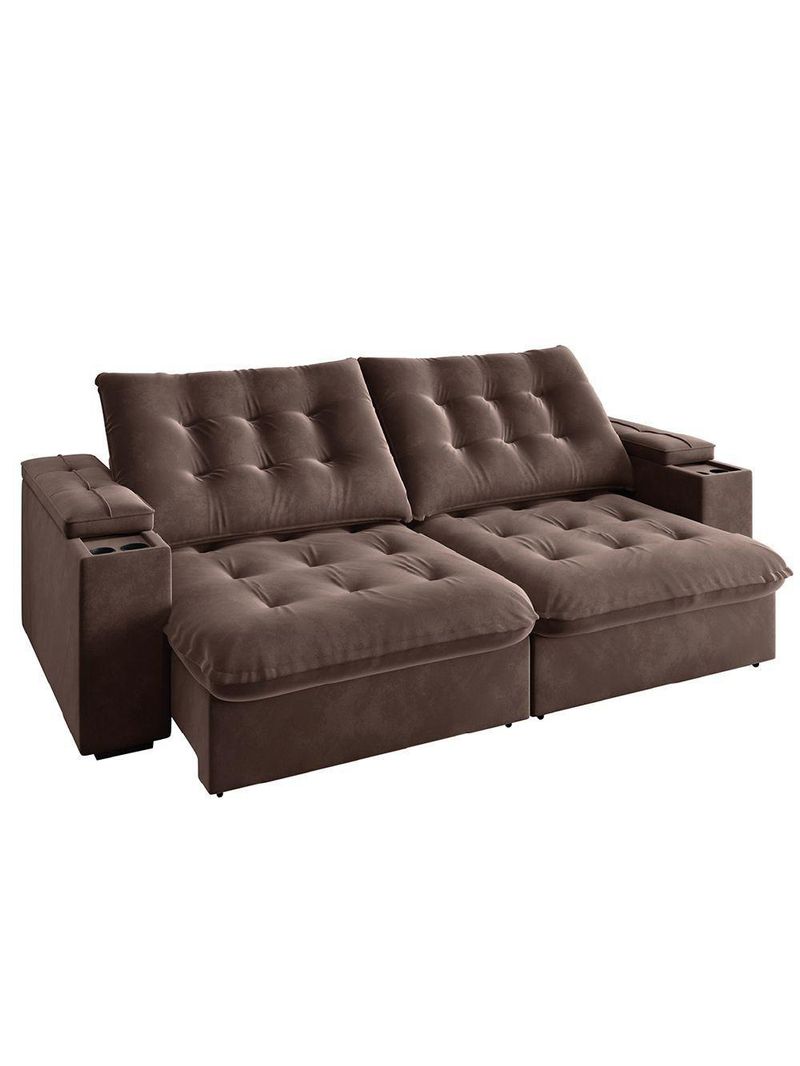 Sofá Retrátil E Reclinável 3 Lugares 2,30m Com Porta Copos Veludo New Coliseu Selmer Marrom