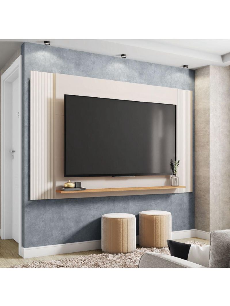 Painel Para Tv Até 65 Polegadas 1,80m Com Impressão 3D Intense Caemmun Madeir/off