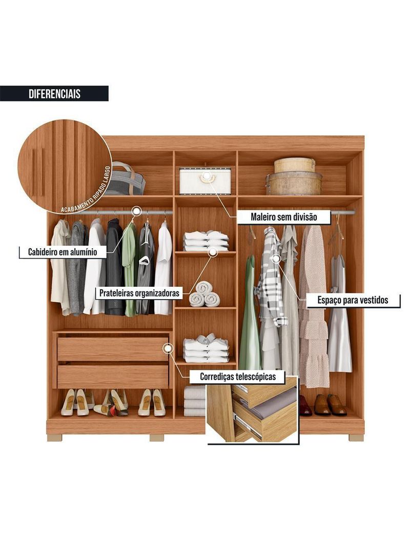 Guarda Roupa Casal 5 Portas 2 Gavetas Marta Marrom Caemmun