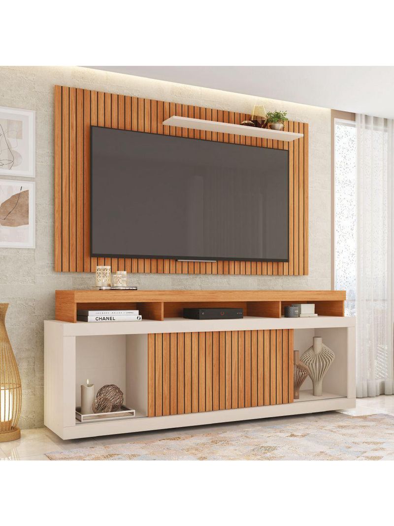 Rack para TV 65" 1,80m Painel Ripado Panamá Buriti/Off White