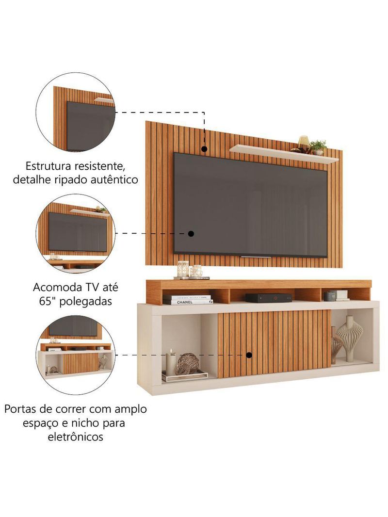 Rack para TV 65" 1,80m Painel Ripado Panamá Buriti/Off White