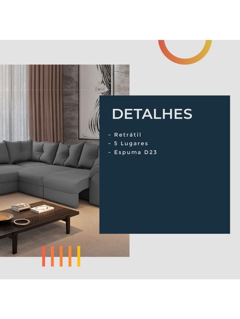 Sofá De Canto 5 Lugares Com Retrátil Qatar Suede Cinza Cinza