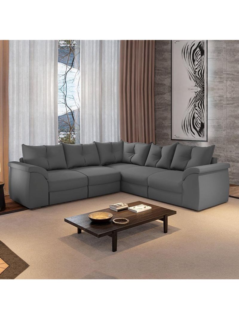 Sofá De Canto 5 Lugares Com Retrátil Qatar Suede Cinza Cinza