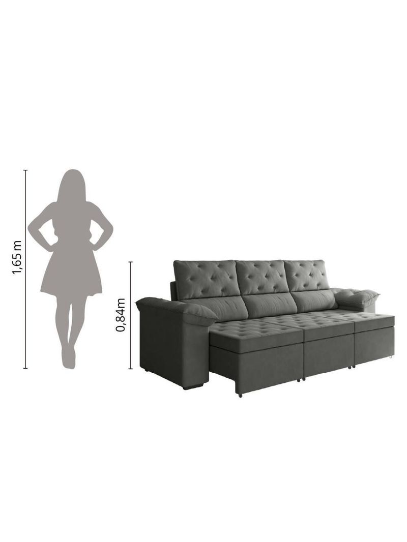 Sofá Retrátil 3 Lugares 2,10m York Suede Cinza Cinza