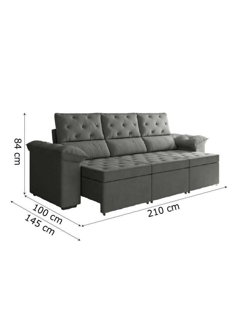 Sofá Retrátil 3 Lugares 2,10m York Suede Cinza Cinza