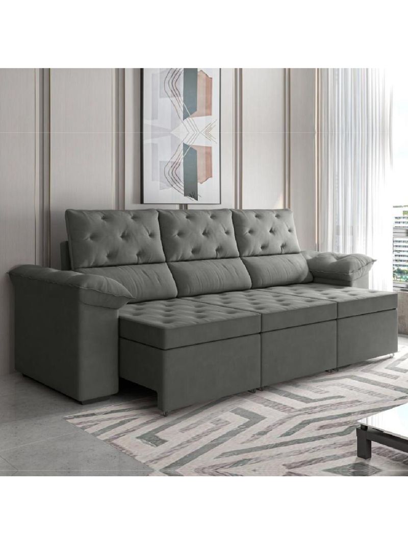 Sofá Retrátil 3 Lugares 2,10m York Suede Cinza Cinza