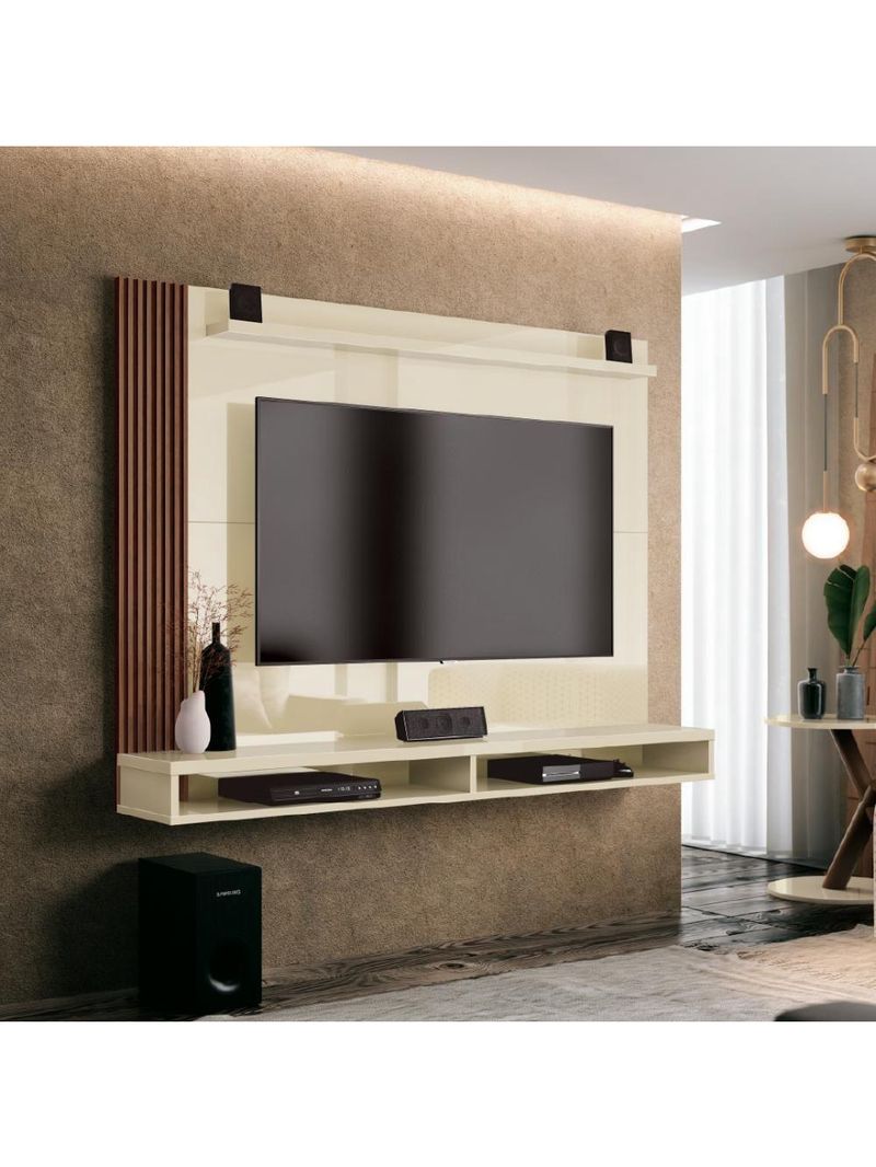 Painel Para Tv Até 50 Polegadas Dijon Ripado C/ Prateleira Off White / Nature