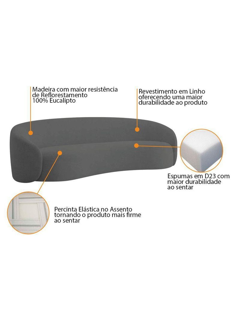 Sofá 3 Lugares 200cm Orgânico Luxo Recepção Amore Linho - Amarena Móveis Cor Cinza Escuro