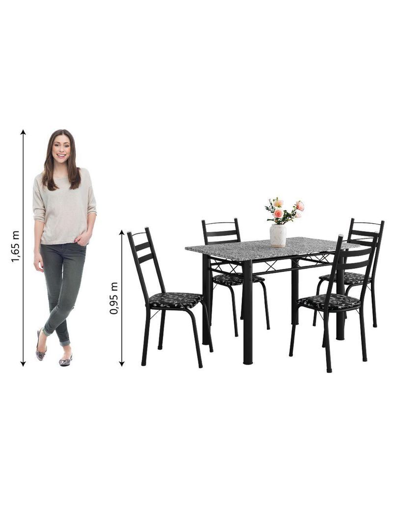 Conjunto De Mesa Itália Com 4 Cadeiras Preto/Floral Granito