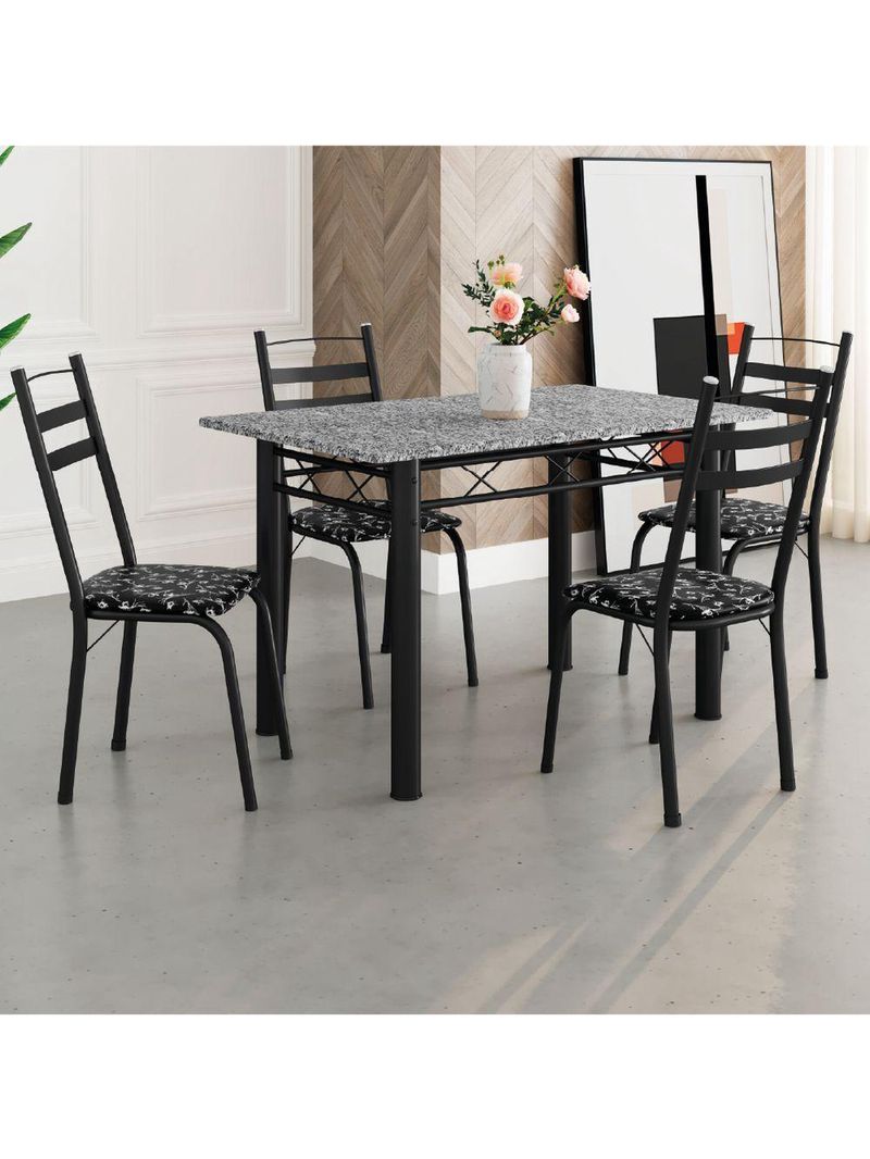 Conjunto De Mesa Itália Com 4 Cadeiras Preto/Floral Granito