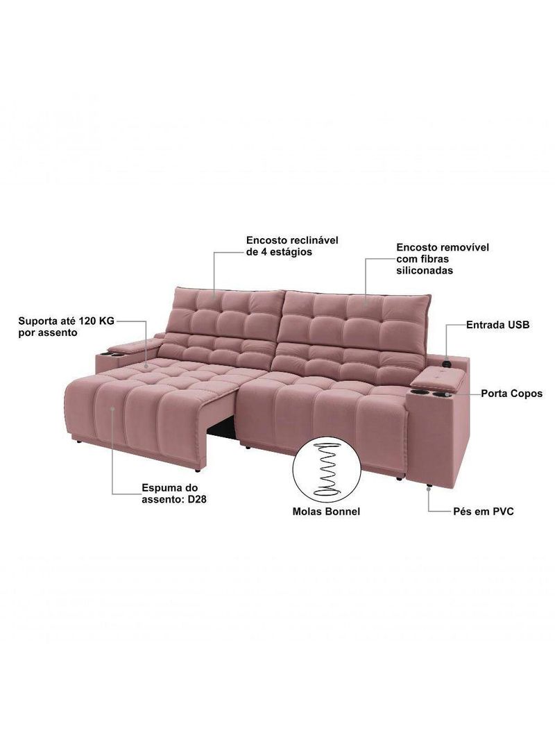 Sofá Connect Premium 2,30m Assento Retrátil-reclinável Com Porta Copos E Entrada Usb Suede Nude