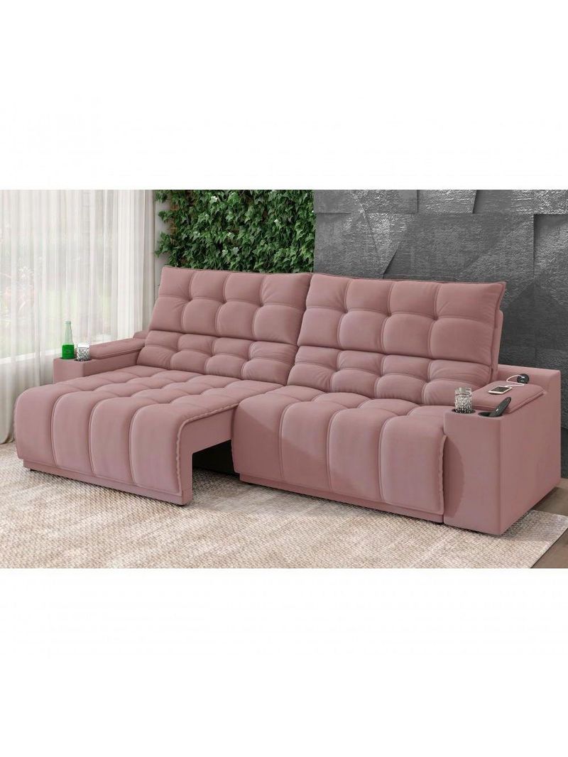 Sofá Connect Premium 2,30m Assento Retrátil-reclinável Com Porta Copos E Entrada Usb Suede Nude