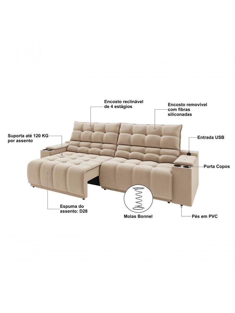 Sofá Connect Premium 2,30m Assento Retrátil-reclinável Com Porta Copos E Entrada Usb Suede Capuccino