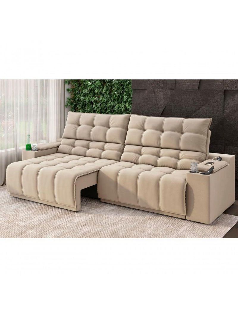 Sofá Connect Premium 2,30m Assento Retrátil-reclinável Com Porta Copos E Entrada Usb Suede Capuccino
